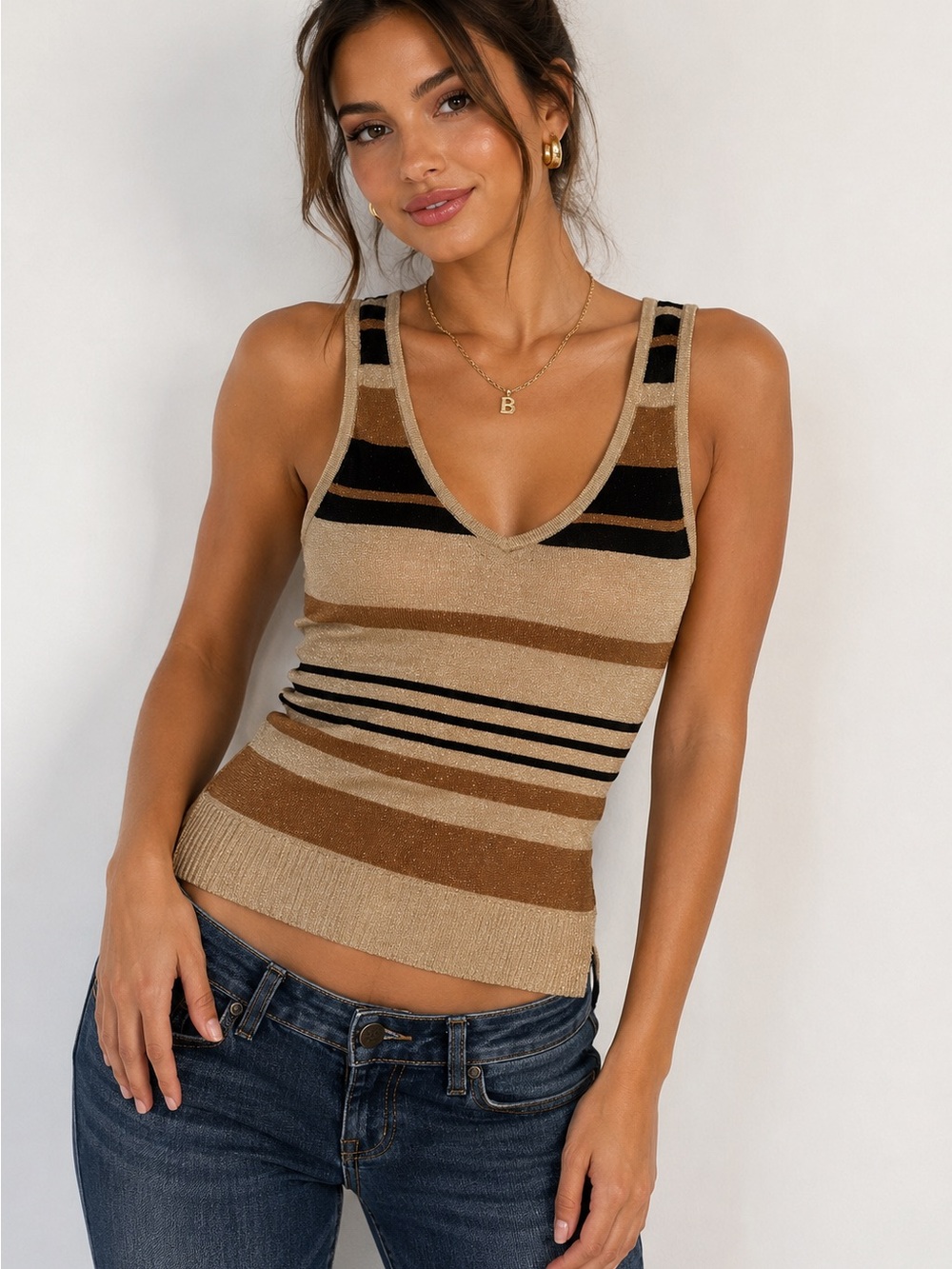 Bebe Striped V-Neck Knit Tank Top Beige/Black/Brown gold Y2K size XS lightweight